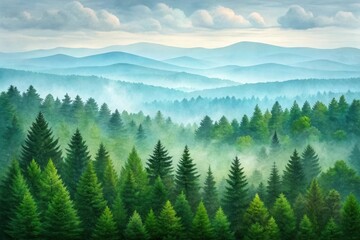 Misty mountain forest landscape with evergreen trees
