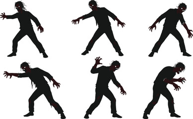 Zombie silhouettes in creepy poses for Halloween design, horror themes, undead characters, spooky vector art, scary illustration, eerie atmosphere.
