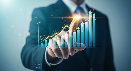 Businessman touching a growth chart with an arrow pointing upwards, representing business success and financial growth