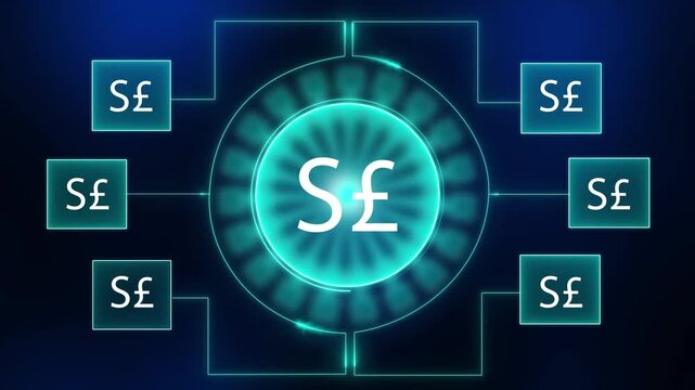 Futuristic digital network connecting multiple pound sterling currency symbols in a glowing circular interface with neon outlines on a dark blue background representing financial technology and - Powered by Adobe
