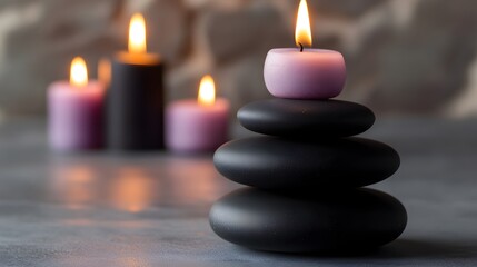 A serene scene of a stack of dark stones supporting a lit, lavender candle, surrounded by softly lit candles, creating a peaceful atmosphere.