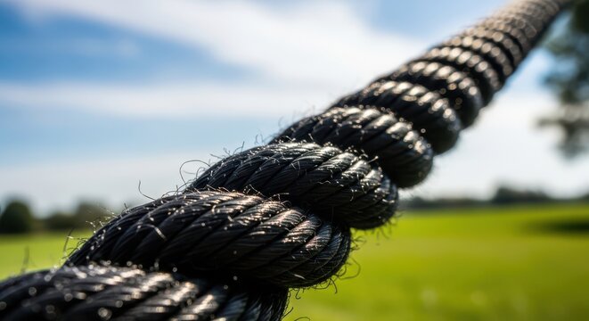 Thick Black Rope Extending Towards a Sunny Field