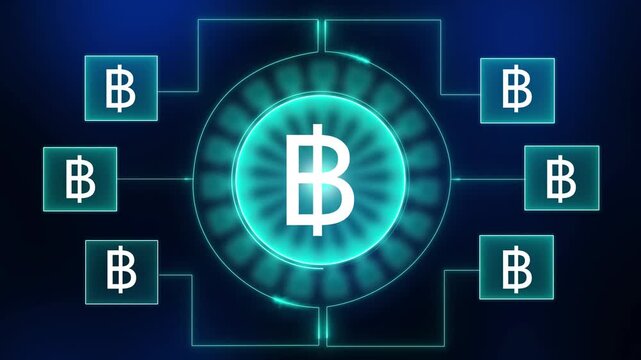 Digital currency network connection concept with glowing Bitcoin symbol in center and surrounding Thai Baht currency icons on dark blue background futuristic technology abstract