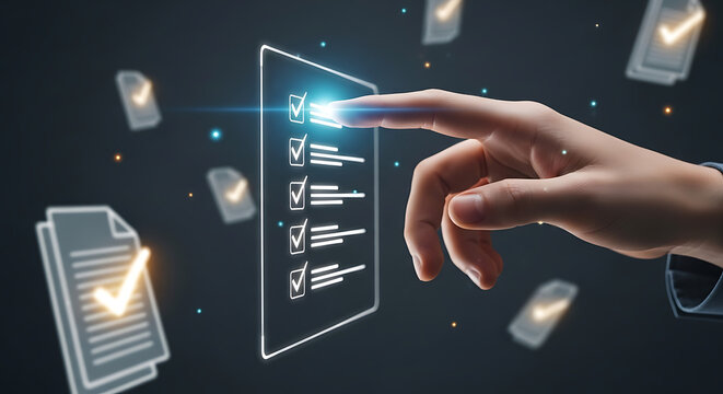 Finger selecting a checklist item on a futuristic glowing interface with document icons floating in the background. - Powered by Adobe