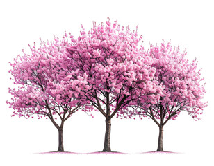 Obraz premium Three blossoming pink cherry trees against a black background. 