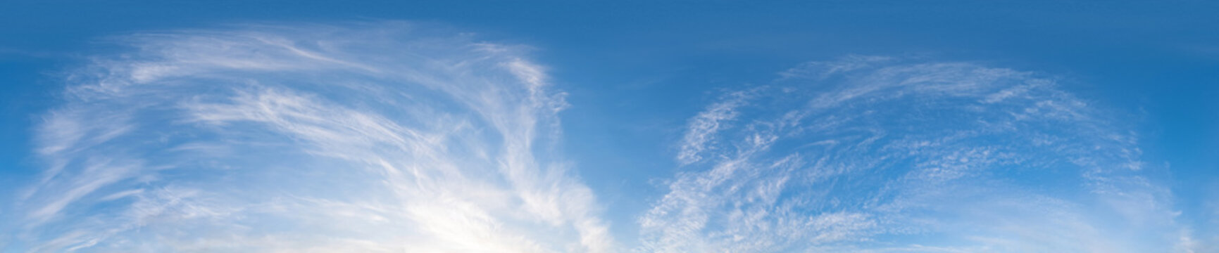Seamless hdri panorama 360 degrees angle view blue sky with beautiful fluffy cumulus clouds with zenith for use in 3d graphics or game development as sky dome or edit drone shot