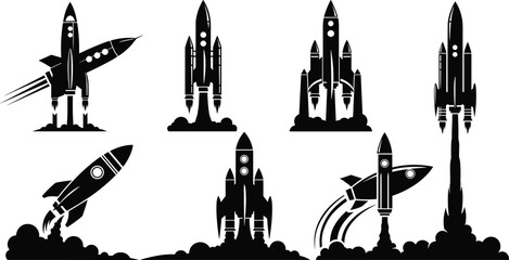 Rocket silhouette set, space shuttle vector, spaceship clipart bundle, astronaut rocket launch graphics, space exploration illustration, sci-fi rocket design © Rifat's World