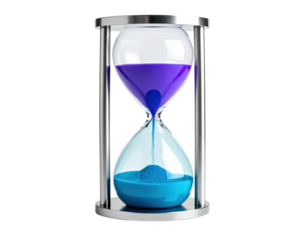A metallic hourglass with vibrant purple and blue colored sand