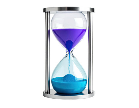 A metallic hourglass with vibrant purple and blue colored sand
