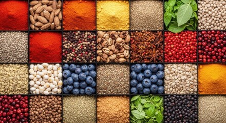 Assortment of Dried Spices Herbs And Berries Displayed In Cubes