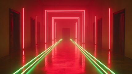 A long corridor, brightly lit by vibrant red and green neon lights, extends into the distance.