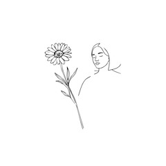 Black and white vector illustration of a beautiful woman holding a flower, minimal clean line art style