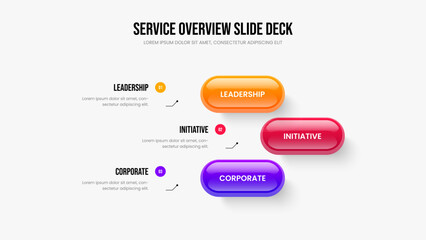 Advertising Visualization 3 Step Infographic Slide Template. Service Innovation Slideshow Design Vector Illustration. Company Briefing Three Option Diagram Presentation Layout.