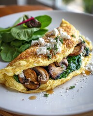 Protein packed omelette with spinach, mushrooms and goat cheese on plate
