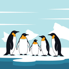 Fototapeta premium Charming penguin family gathers on icy landscape with majestic snowy mountains under a crisp blue sky