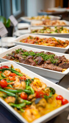 Obraz premium Buffet of culinary delights: assorted dishes featuring meat, seafood, and vegetables, promising a flavorful experience.