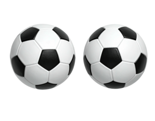 Two identical soccer balls, white and black, rendered 3D, side by side, isolated on black background
