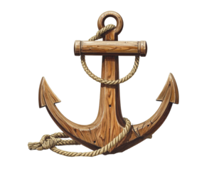 Detailed illustration of a wooden anchor with rope.  The anchor is light brown wood with visible wood grain and texture. 