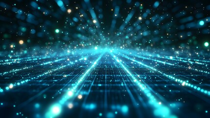 Naklejka premium A dynamic digital landscape, illuminated by vibrant turquoise light streams, reveals a network of interconnected pathways.