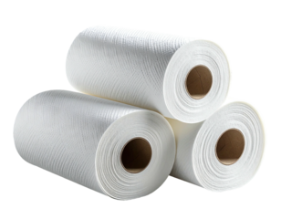 Three rolls of white paper towels stacked