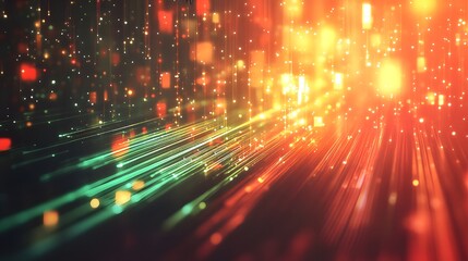 A dynamic digital landscape unfolds, illuminated by vibrant streaks of light, cascading particles, and glowing squares, creating a futuristic and energetic scene.