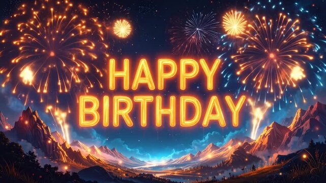Animated Happy Birthday Greeting with Fireworks and Mountains