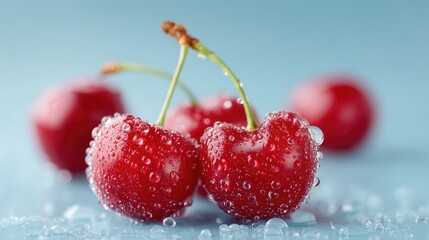 Macro Shot of Fresh Red Cherries with Water Droplets on Light Blue Background