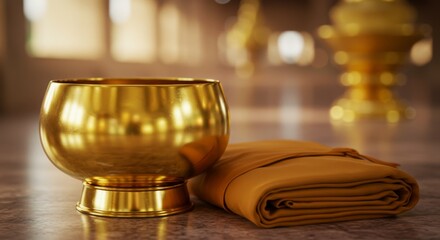 Uposatha (Theravada observance Dec), golden alms bowl with folded saffron cloth