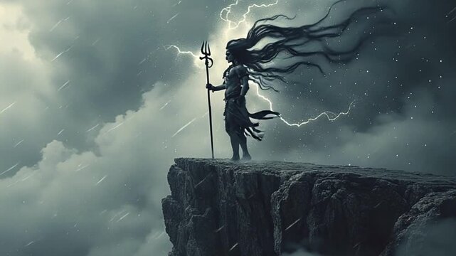 Majestic Lord Shiva Stands on Cliff Amidst Lightning Storm, Holding Trident