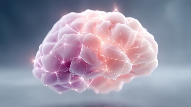 Macro Shot of Futuristic Holographic Brain with Glowing Neon Connections on Soft Background