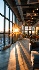 Sunlight floods through floor-to-ceiling windows, illuminating a modern interior with warm light and creating long shadows.