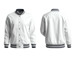 Front and back view of a white varsity jacket with navy blue stripes