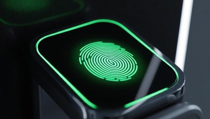 Digital fingerprint scanner with glowing green biometric data, representing security and advanced technology for identification - Powered by Adobe