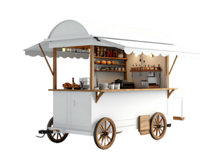 White food cart with awning and wooden accents, displaying various food items
