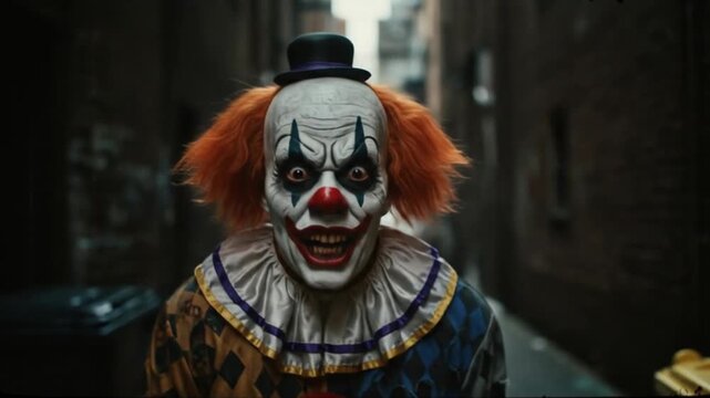 Crazy Scary Evil Clown Laughing Maniacally on the alley, Horror Character 