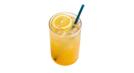 Isolated glass of refreshing lemonade with straw and lemon slice for summer drink concept