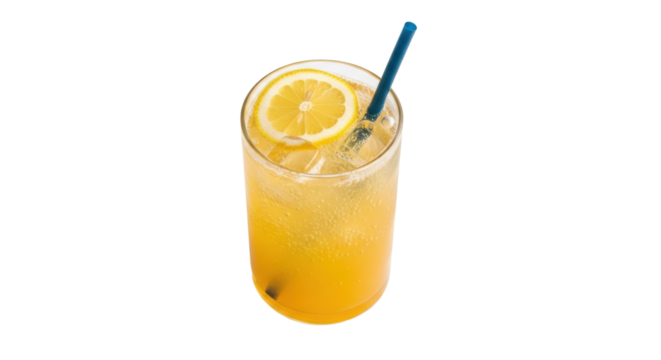 Isolated glass of refreshing lemonade with straw and lemon slice for summer drink concept