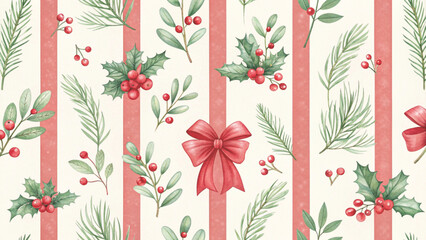 Seamless Christmas pattern, elegant red ribbon bows with holly leaves and clusters of red berries
