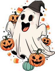 Fototapeta premium A happy and cute Halloween ghost with pumpkins and candy corn.