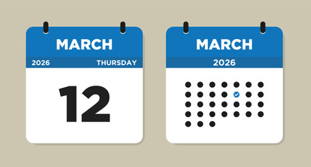 March 12 2026 Thursday Calendar Vector Illustration. 12 March calendar page. Day calendar with date March 12. Week Starts on Sunday. Checklist day calendar. Modern Calendar template icon