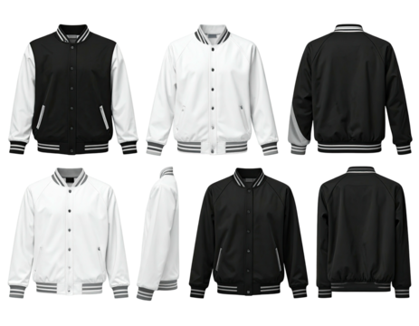 Six views of blank black and white varsity jackets