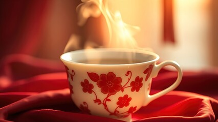 Fototapeta premium Delicate porcelain teacup with red floral motifs, steaming jasmine tea reflecting golden light against muted silk.
