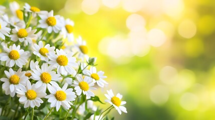 A cluster of vibrant white daisies with yellow centers is highlighted against a background of soft, out-of-focus springtime greens and yellows.