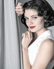 1950s beautiful young French woman face behind a folding room divider, AI generated
