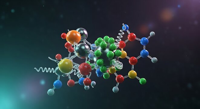A complex molecular structure, depicted in vibrant colors, is shown in three-dimensional space against a dark background, highlighting the intricate details of its composition. - Powered by Adobe