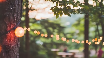 Warm, inviting outdoor scene featuring a tree trunk adorned with string lights, soft-focus bokeh effect.