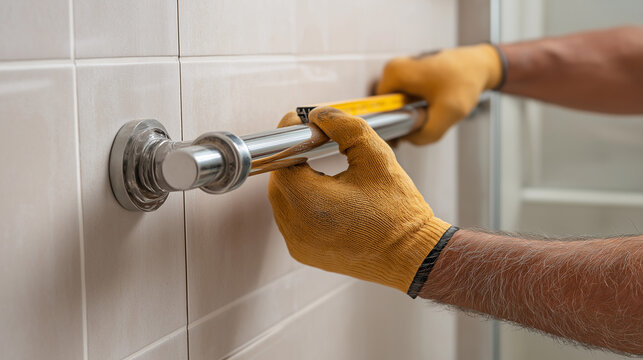 Older man installing grab bar in bathroom.