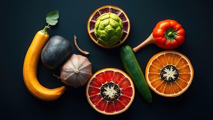 Vibrant circle of six colorful superfoods glowing with natural energy on dark background.