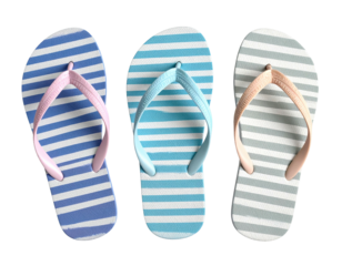 Three pairs of striped flip-flops in pastel colors, light blue, light teal, and light gray, are laid out flat.  The straps and soles feature horizontal stripes