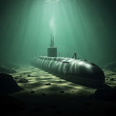 A large, dark submarine rests on the ocean floor, illuminated by faint light filtering through the water's surface.